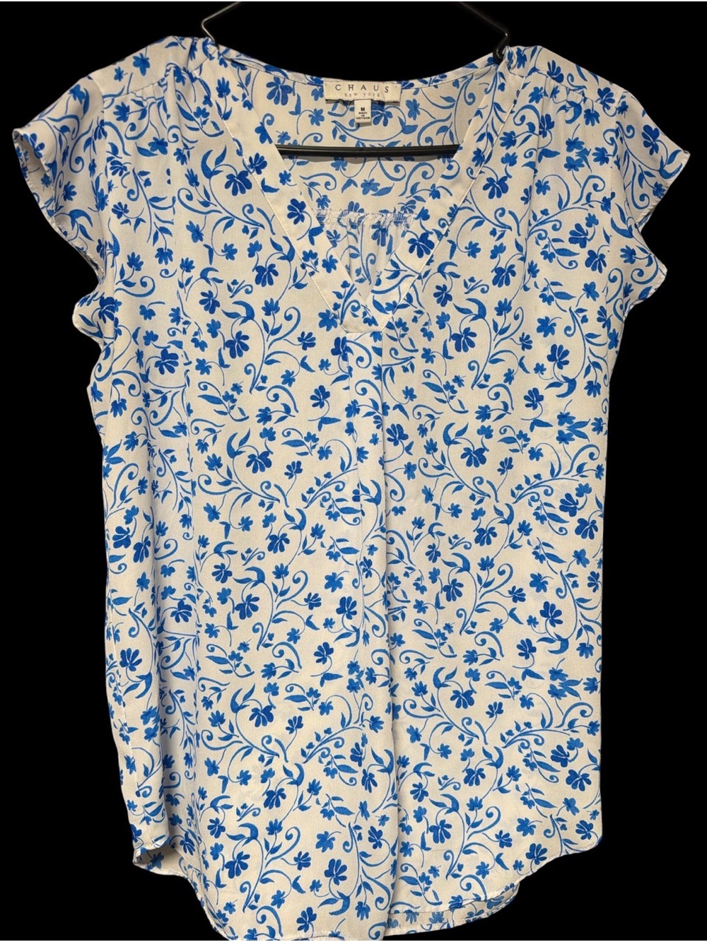 Chaus New York Blue & White Floral V-Neck Cap Sleeve Blouse - Size M